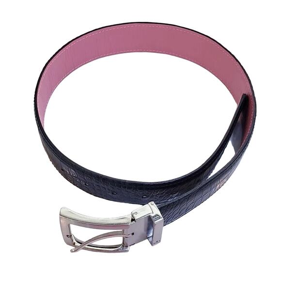 DRUH WOMEN'S Small Black w/Pink Lining CROCODILE LEATHER 1.5" BELT in VGUC - Picture 2 of 11